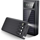 Powerbank med solceller 20000mAh - 4x indbyggede kabler - Sort